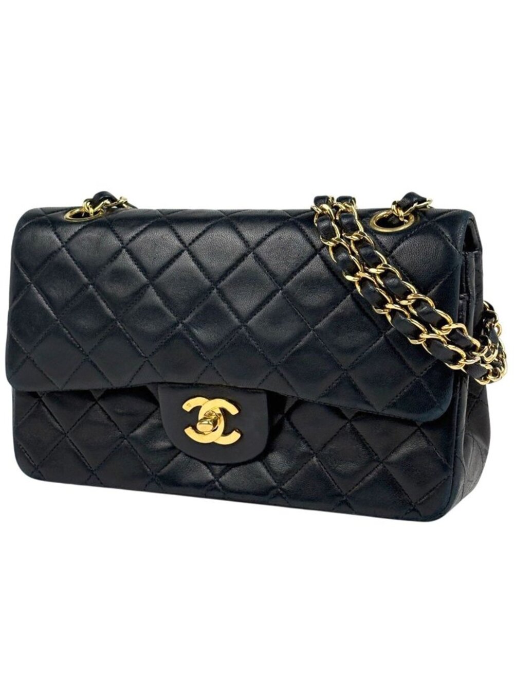 Chanel Quilted Double Flap Chain Shoulder Bag CC Logo Leather Black